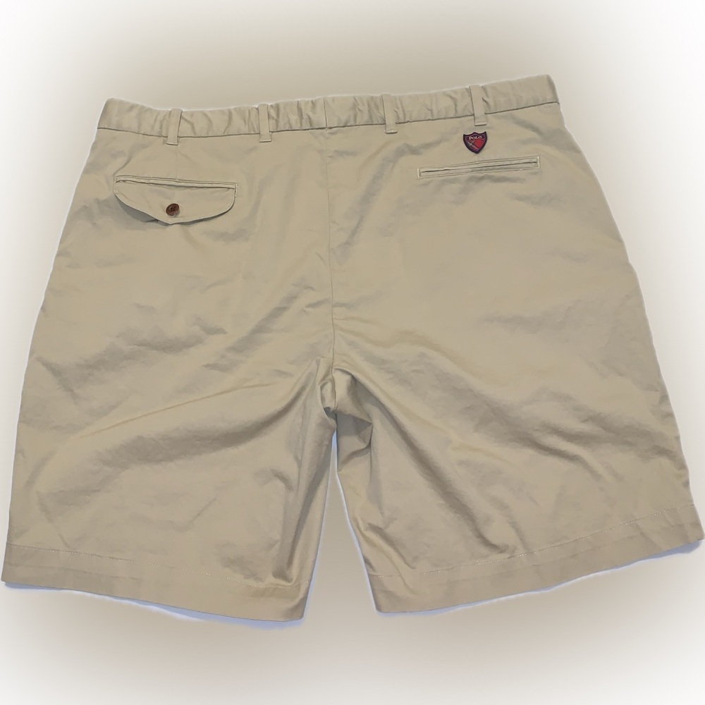 Polo Golf Ralph Lauren Tan Khaki Pleated Cotton Twill Shorts Stretch 42 Patch